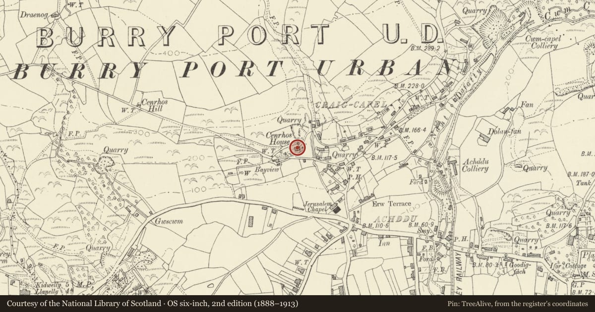 Ordnance Survey six-inch map, 2nd edition (1888–1913) covering the location of Plas Kenrhos, Pembrey and Burry Port Town, Carmarthenshire, with a pin at the register's coordinates
