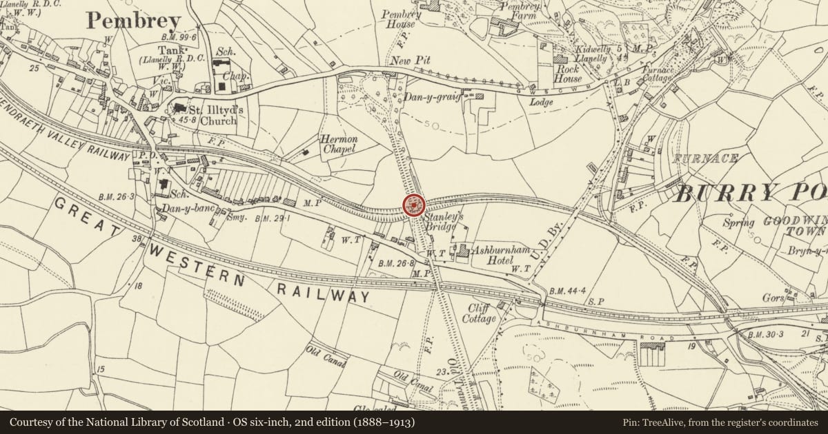 Ordnance Survey six-inch map, 2nd edition (1888–1913) covering the location of Stanley's Bridge, Pembrey and Burry Port Town, Carmarthenshire, with a pin at the register's coordinates