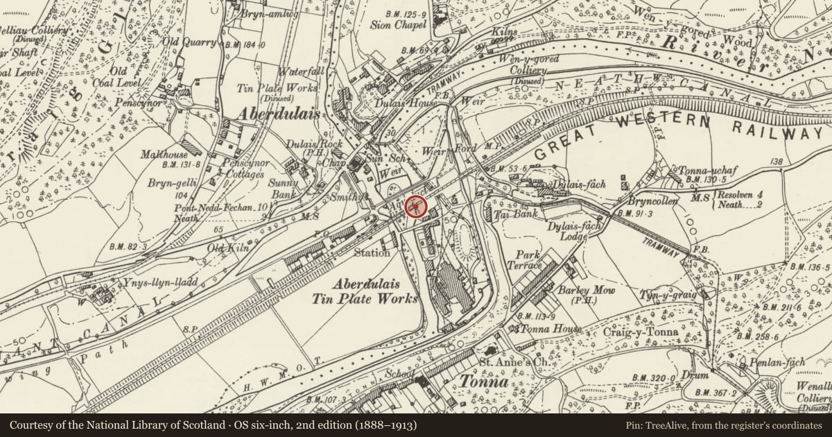 Ordnance Survey six-inch map, 2nd edition (1888–1913) covering the location of Aberdulais Viaduct (partly in Blaenrhonddan community), Tonna, Neath Port Talbot, with a pin at the register's coordinates