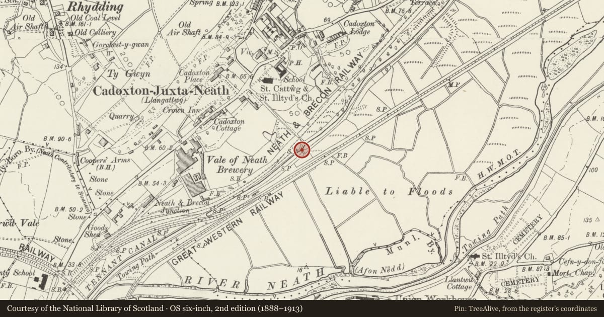 Ordnance Survey six-inch map, 2nd edition (1888–1913) covering the location of Bridge over Tennant Canal SE of the Church of Saint Cattwg, Blaenhonddan, Neath Port Talbot, with a pin at the register's coordinates
