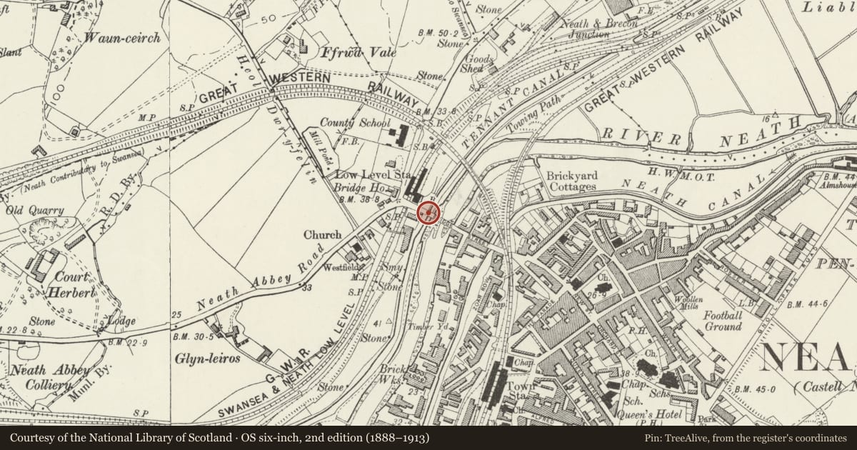 Ordnance Survey six-inch map, 2nd edition (1888–1913) covering the location of Bridge over Tennant Canal, including towpath retaining walls and overflow channels, Blaenhonddan, Neath Port Talbot, with a pin at the register's coordinates