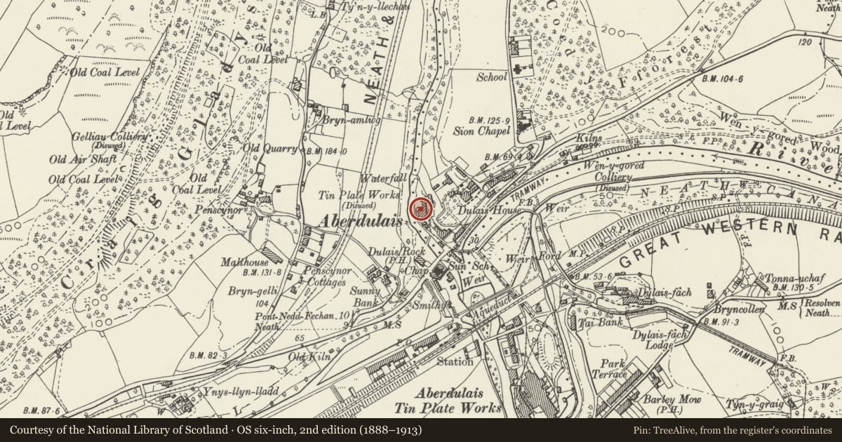 Ordnance Survey six-inch map, 2nd edition (1888–1913) covering the location of Chimney at Aberdulais Falls Tinplate Works, Blaenhonddan, Neath Port Talbot, with a pin at the register's coordinates