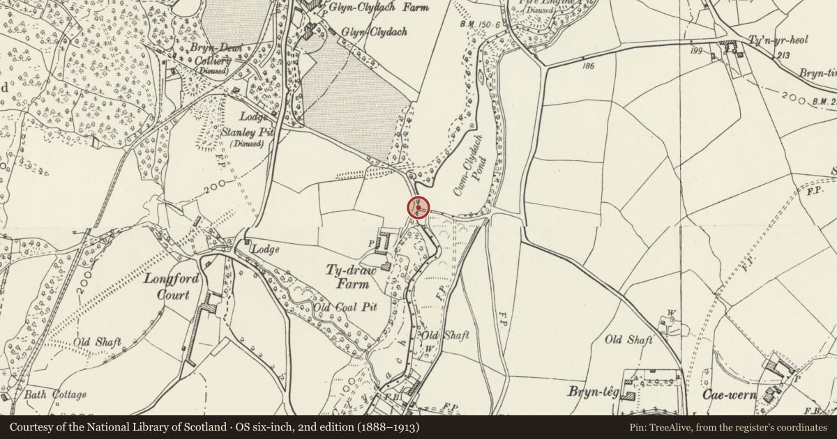 Ordnance Survey six-inch map, 2nd edition (1888–1913) covering the location of Cwm Clydach Dam (partly in Blaenrhonddan community), Dyffryn Clydach, Neath Port Talbot, with a pin at the register's coordinates