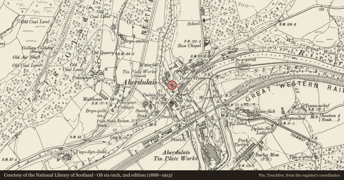 Ordnance Survey six-inch map, 2nd edition (1888–1913) covering the location of Former Stables at Aberdulais Falls Tinplate Works, Blaenhonddan, Neath Port Talbot, with a pin at the register's coordinates