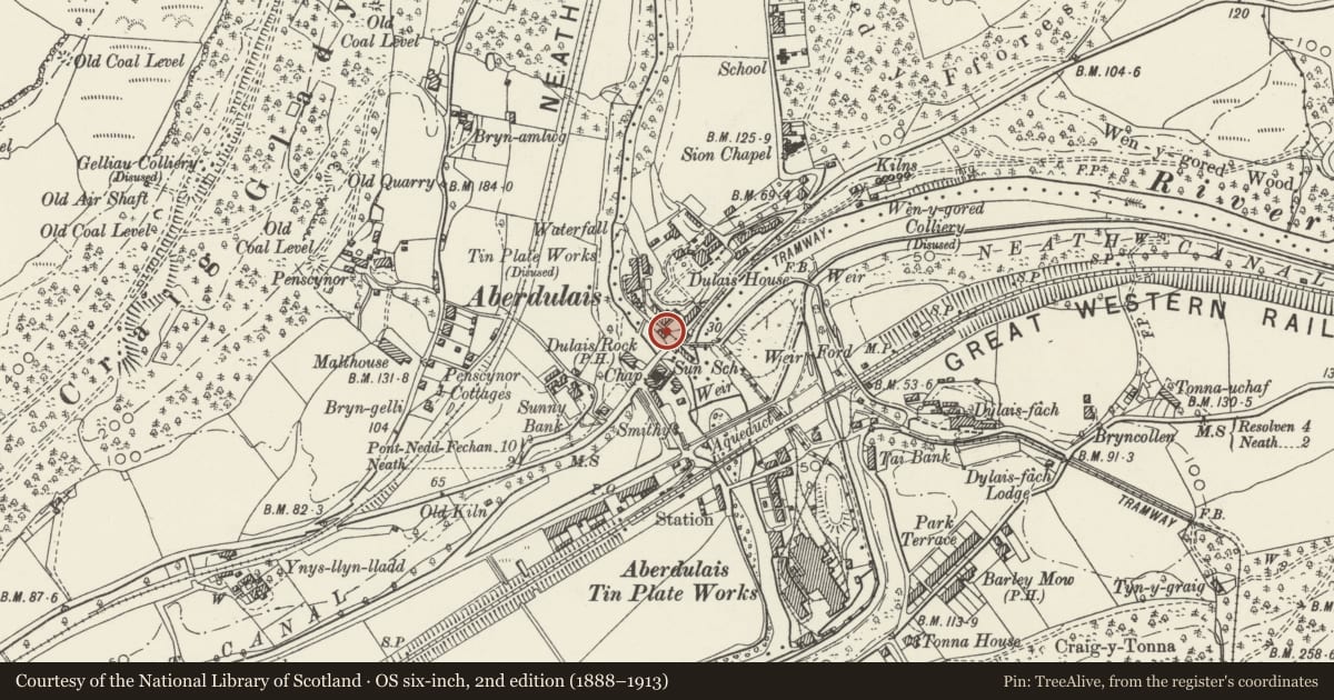 Ordnance Survey six-inch map, 2nd edition (1888–1913) covering the location of Old Works Library at Aberdulais Falls Tinplate Works, Blaenhonddan, Neath Port Talbot, with a pin at the register's coordinates