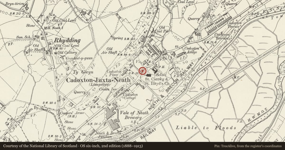 Ordnance Survey six-inch map, 2nd edition (1888–1913) covering the location of Gates, gate piers, walls and railings at Church of Saint Cattwg, Blaenhonddan, Neath Port Talbot, with a pin at the register's coordinates