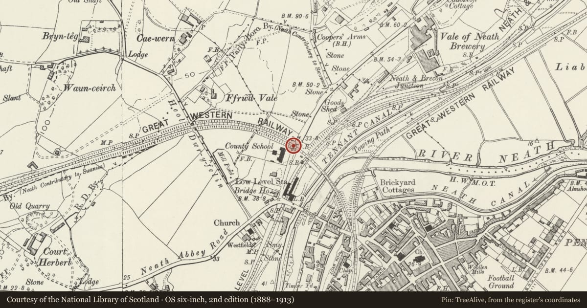 Ordnance Survey six-inch map, 2nd edition (1888–1913) covering the location of Railway bridge over Cadoxton Road, Blaenhonddan, Neath Port Talbot, with a pin at the register's coordinates