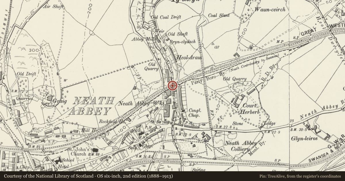 Ordnance Survey six-inch map, 2nd edition (1888–1913) covering the location of Neath Abbey Railway Viaduct, Dyffryn Clydach, Neath Port Talbot, with a pin at the register's coordinates