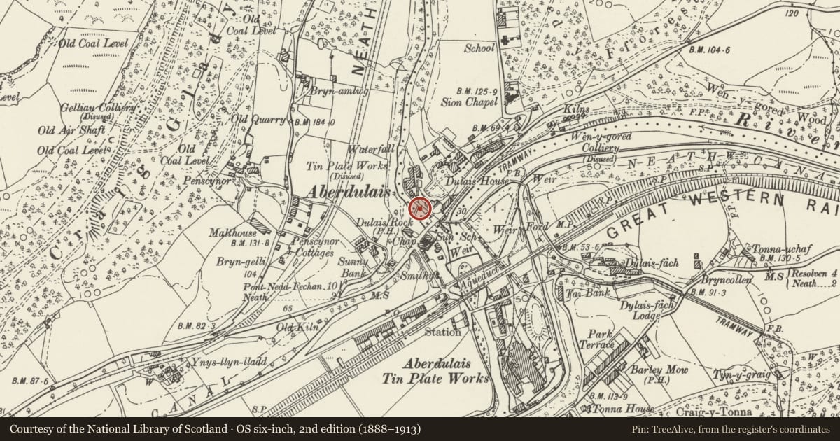 Ordnance Survey six-inch map, 2nd edition (1888–1913) covering the location of Remains of tramroad bridge at Aberdulais Falls Tinplate Works, Blaenhonddan, Neath Port Talbot, with a pin at the register's coordinates