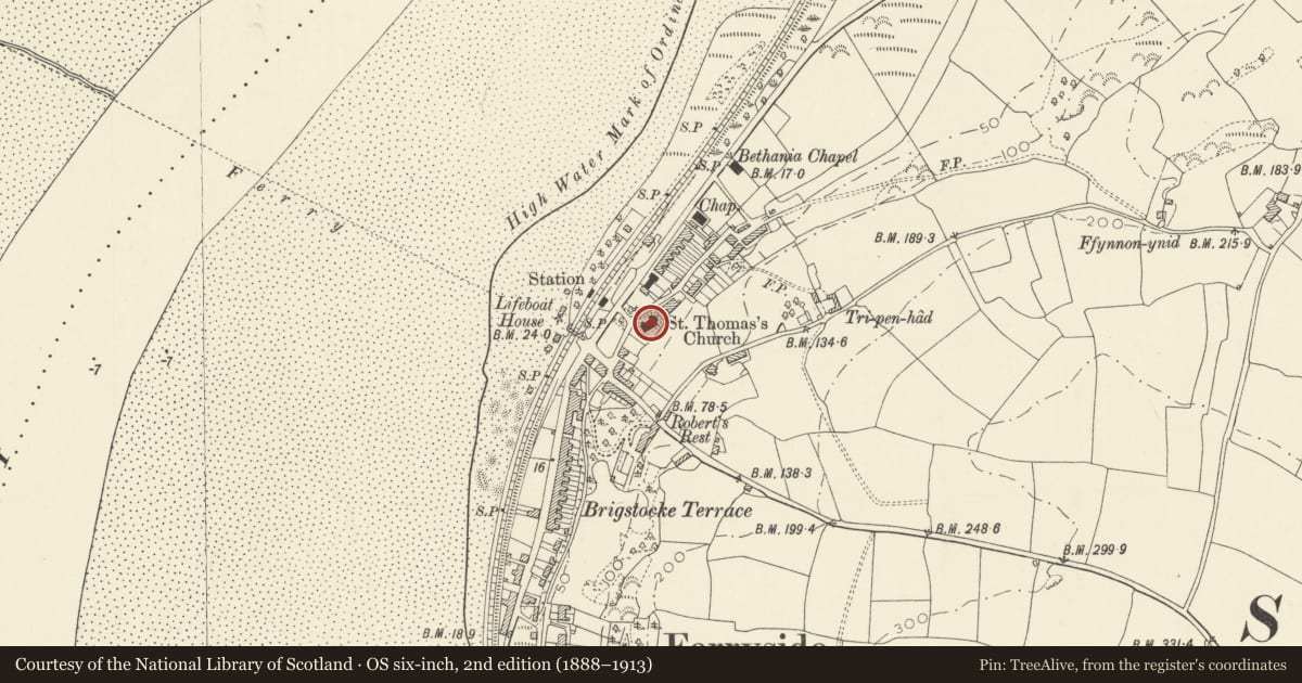 Ordnance Survey six-inch map, 2nd edition (1888–1913) covering the location of Church of St Thomas, St. Ishmael, Carmarthenshire, with a pin at the register's coordinates