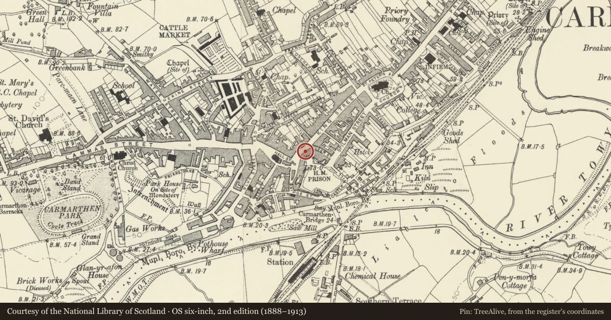 Ordnance Survey six-inch map, 2nd edition (1888–1913) covering the location of 1 King Street, Carmarthen, Carmarthenshire, with a pin at the register's coordinates