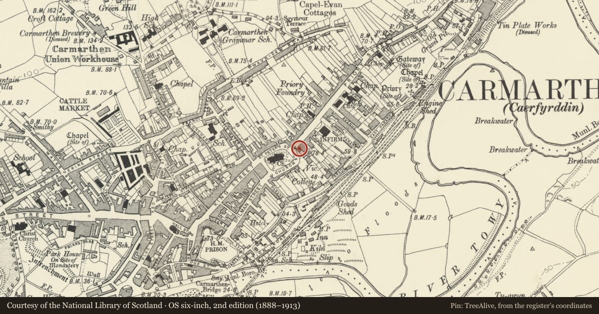 Ordnance Survey six-inch map, 2nd edition (1888–1913) covering the location of 1 Priory Street, Carmarthen, Carmarthenshire, with a pin at the register's coordinates