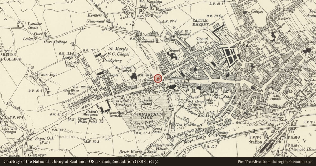 Ordnance Survey six-inch map, 2nd edition (1888–1913) covering the location of 1 St David's Avenue, Carmarthen, Carmarthenshire, with a pin at the register's coordinates