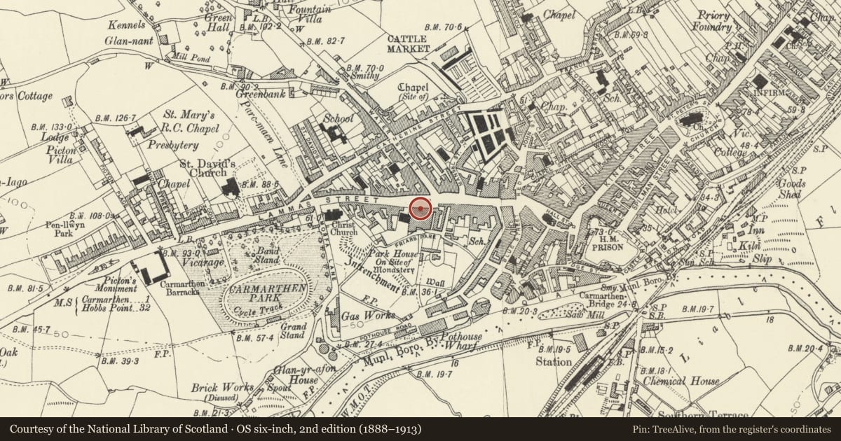 Ordnance Survey six-inch map, 2nd edition (1888–1913) covering the location of 107 Lammas Street, Carmarthen, Carmarthenshire, with a pin at the register's coordinates