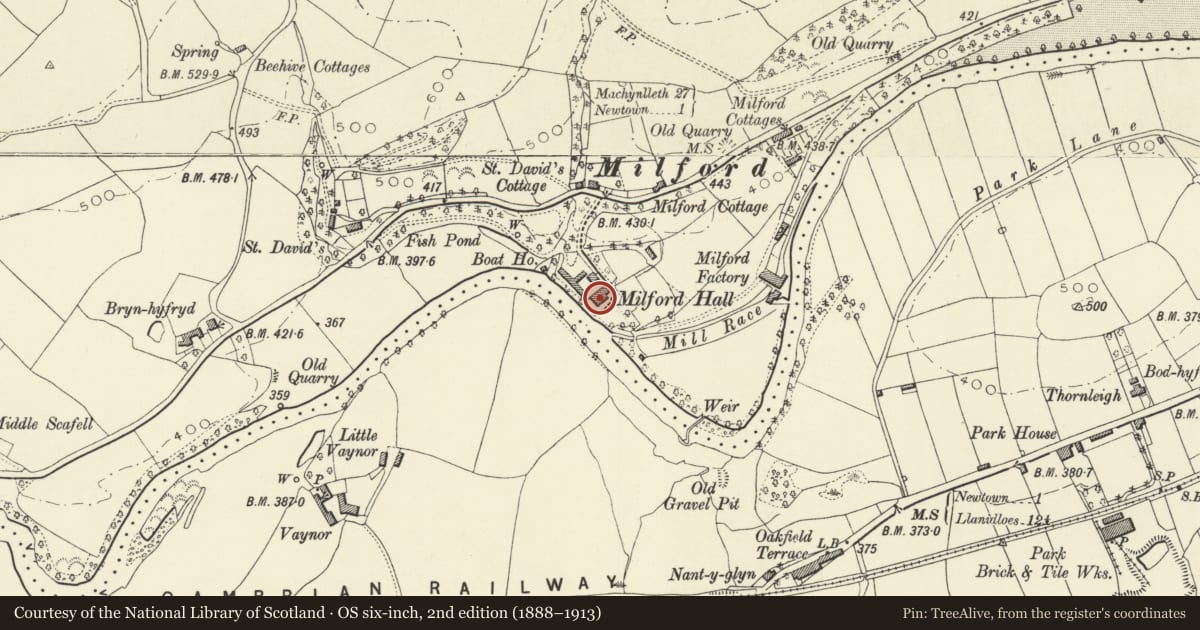 Ordnance Survey six-inch map, 2nd edition (1888–1913) covering the location of Milford Hall, Newtown and Llanllwchaiarn, Powys, with a pin at the register's coordinates