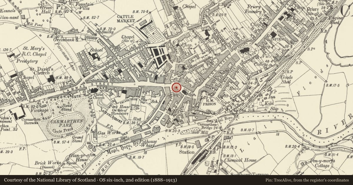 Ordnance Survey six-inch map, 2nd edition (1888–1913) covering the location of 12 Guildhall Square, Carmarthen, Carmarthenshire, with a pin at the register's coordinates
