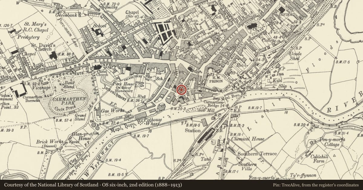Ordnance Survey six-inch map, 2nd edition (1888–1913) covering the location of 12 Quay Street, Carmarthen, Carmarthenshire, with a pin at the register's coordinates