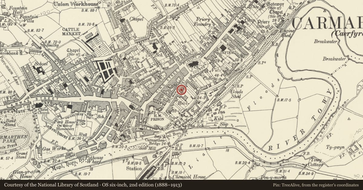Ordnance Survey six-inch map, 2nd edition (1888–1913) covering the location of 12 Spilman Street, Carmarthen, Carmarthenshire, with a pin at the register's coordinates