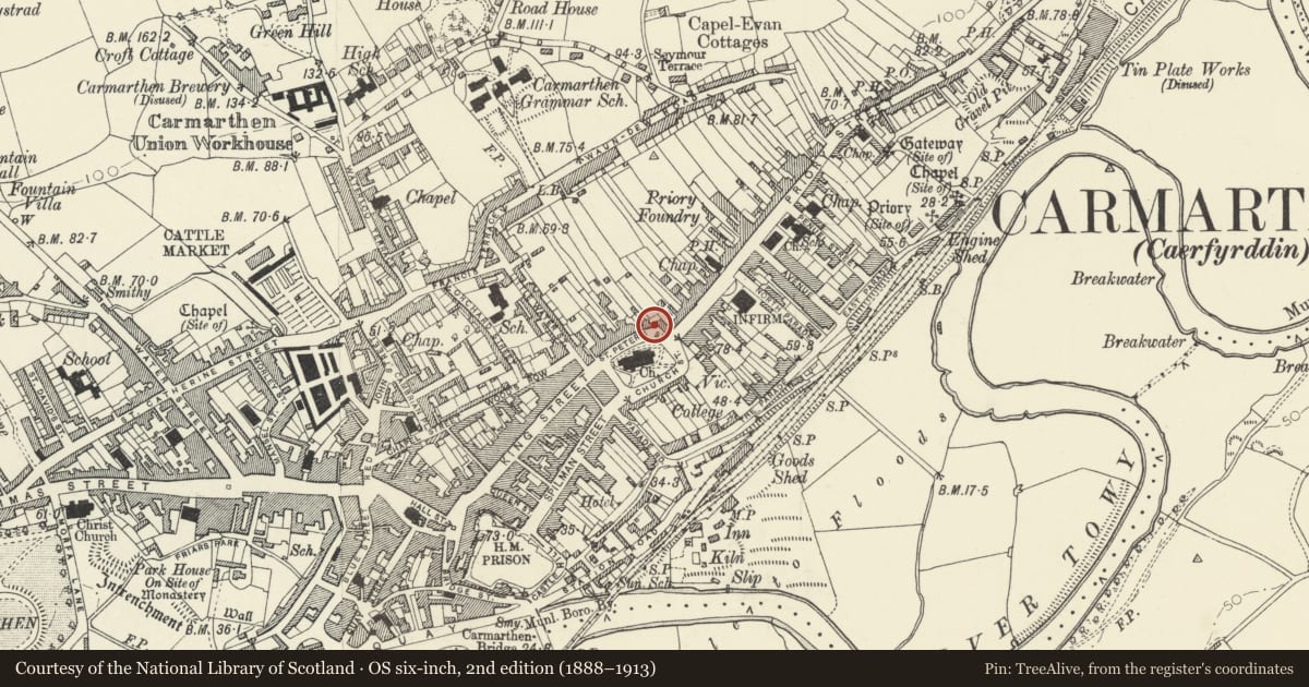 Ordnance Survey six-inch map, 2nd edition (1888–1913) covering the location of 13 St Peter's Street, Carmarthen, Carmarthenshire, with a pin at the register's coordinates