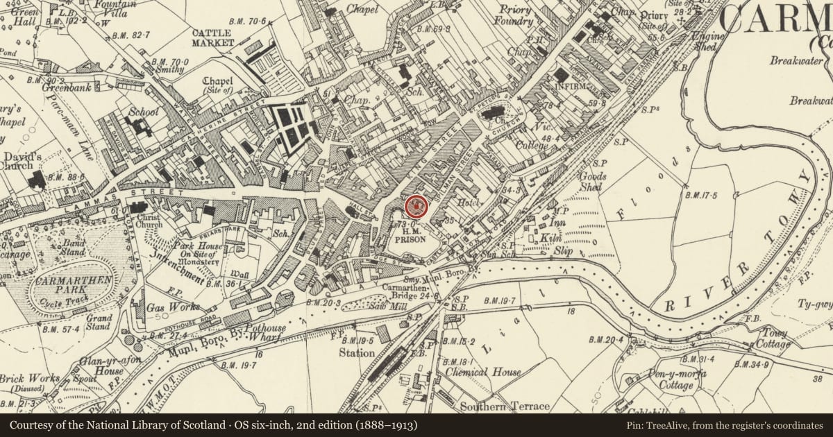 Ordnance Survey six-inch map, 2nd edition (1888–1913) covering the location of 16 Queen Street, Carmarthen, Carmarthenshire, with a pin at the register's coordinates
