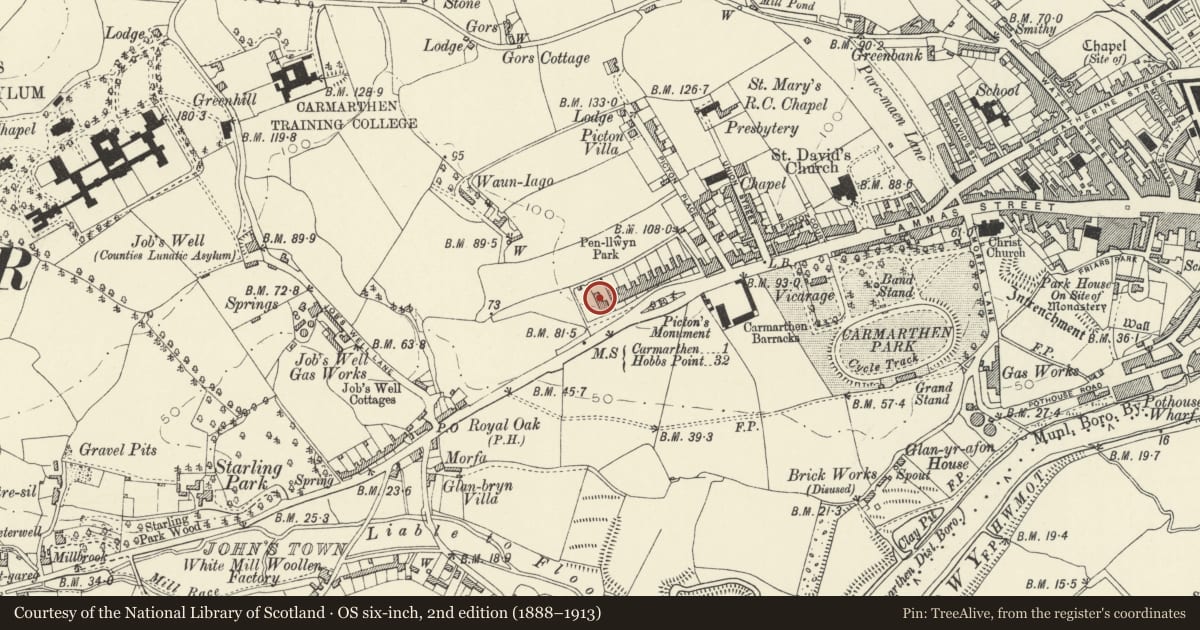 Ordnance Survey six-inch map, 2nd edition (1888–1913) covering the location of 17 Penllwyn Park, Carmarthen, Carmarthenshire, with a pin at the register's coordinates