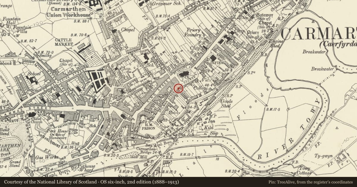 Ordnance Survey six-inch map, 2nd edition (1888–1913) covering the location of 19 Spilman Street, Carmarthen, Carmarthenshire, with a pin at the register's coordinates