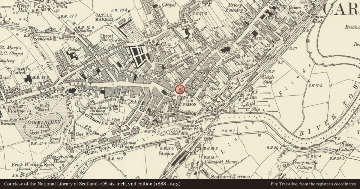 Ordnance Survey six-inch map, 2nd edition (1888–1913) covering the location of 19-20 Nott Square, Carmarthen, Carmarthenshire, with a pin at the register's coordinates