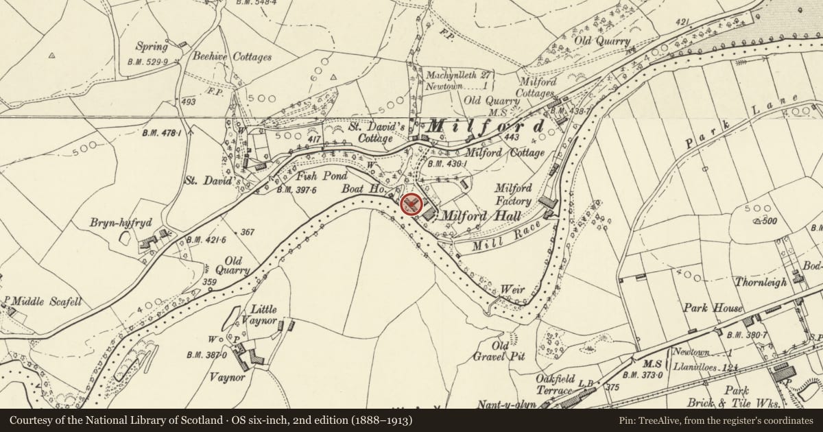 Ordnance Survey six-inch map, 2nd edition (1888–1913) covering the location of Stables at Milford Hall, Newtown and Llanllwchaiarn, Powys, with a pin at the register's coordinates