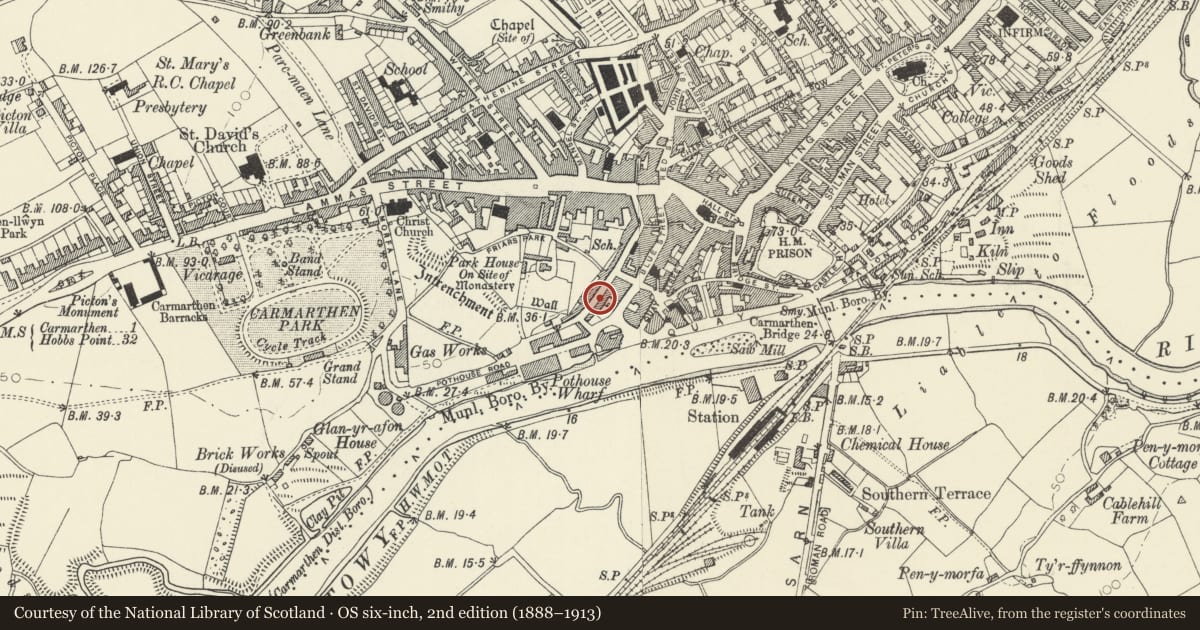 Ordnance Survey six-inch map, 2nd edition (1888–1913) covering the location of 2 Spring Gardens, Carmarthen, Carmarthenshire, with a pin at the register's coordinates