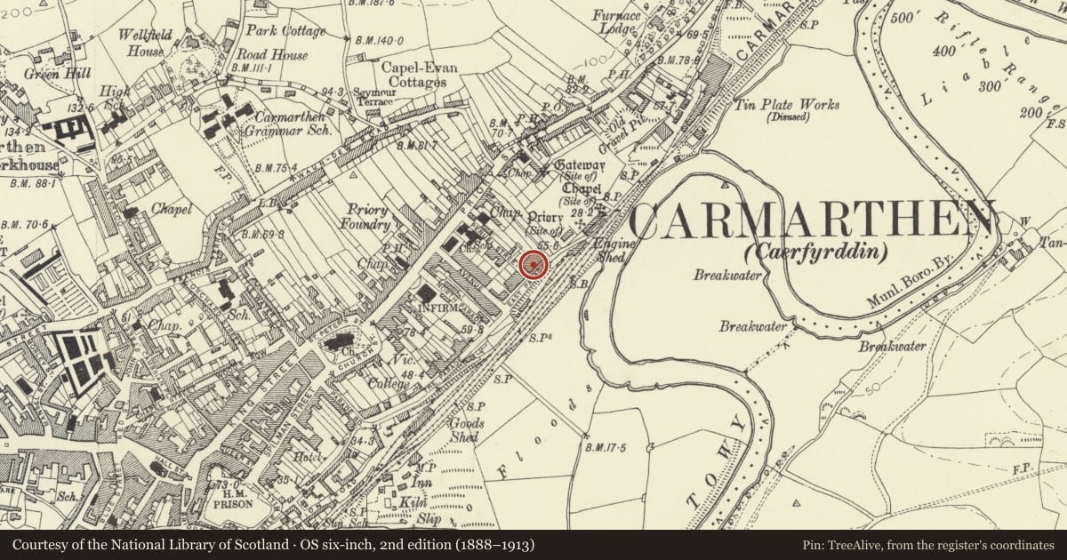 Ordnance Survey six-inch map, 2nd edition (1888–1913) covering the location of 2 The Esplanade, Carmarthen, Carmarthenshire, with a pin at the register's coordinates