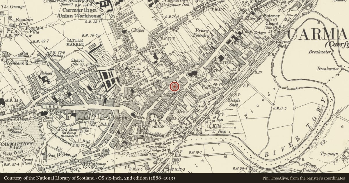 Ordnance Survey six-inch map, 2nd edition (1888–1913) covering the location of 20 King Street, Carmarthen, Carmarthenshire, with a pin at the register's coordinates