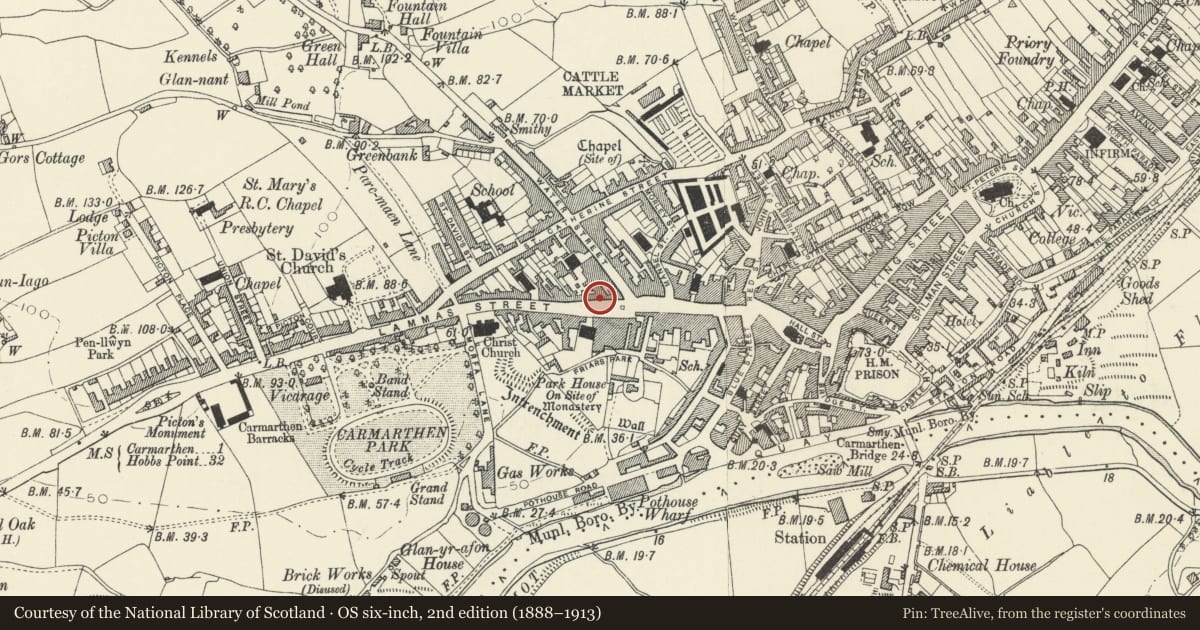 Ordnance Survey six-inch map, 2nd edition (1888–1913) covering the location of 23 Lammas Street, Carmarthen, Carmarthenshire, with a pin at the register's coordinates