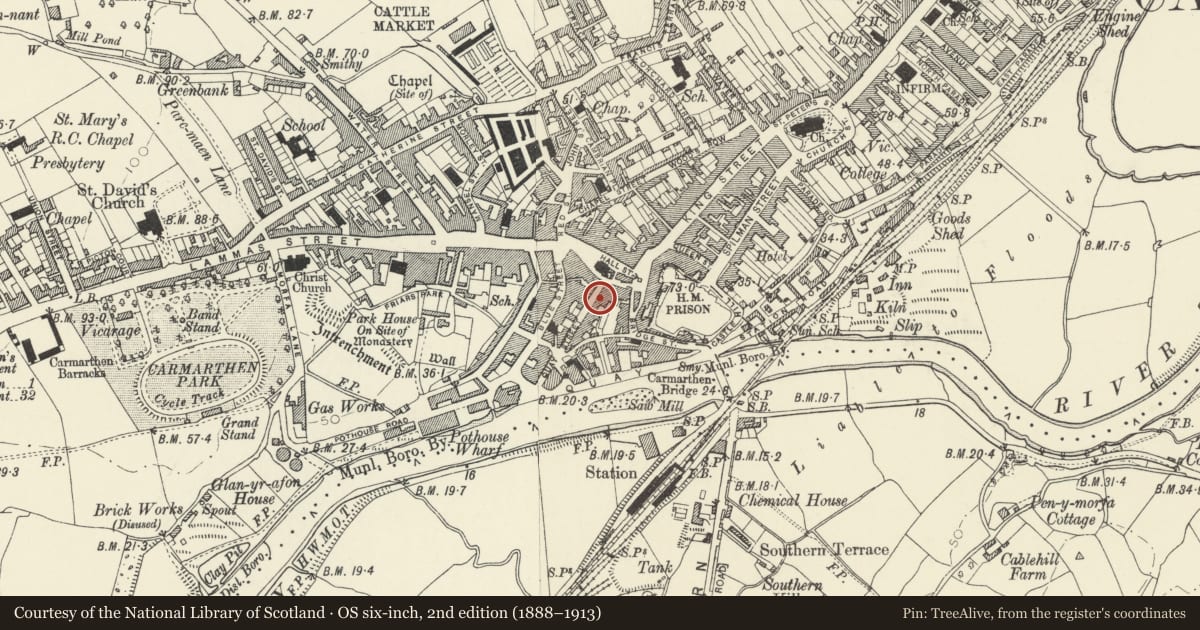 Ordnance Survey six-inch map, 2nd edition (1888–1913) covering the location of 3 Quay Street, Carmarthen, Carmarthenshire, with a pin at the register's coordinates
