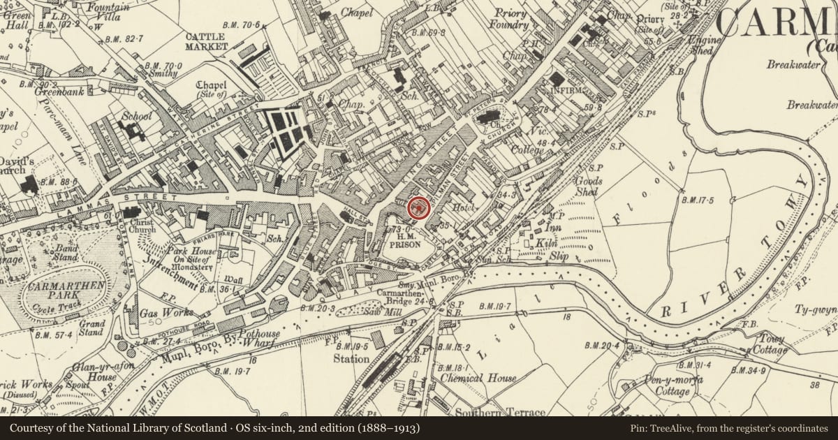 Ordnance Survey six-inch map, 2nd edition (1888–1913) covering the location of 3 Queen Street, Carmarthen, Carmarthenshire, with a pin at the register's coordinates