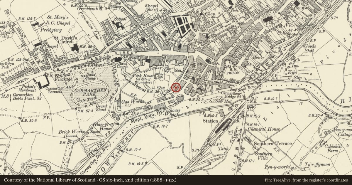 Ordnance Survey six-inch map, 2nd edition (1888–1913) covering the location of 3 Spring Gardens, Carmarthen, Carmarthenshire, with a pin at the register's coordinates