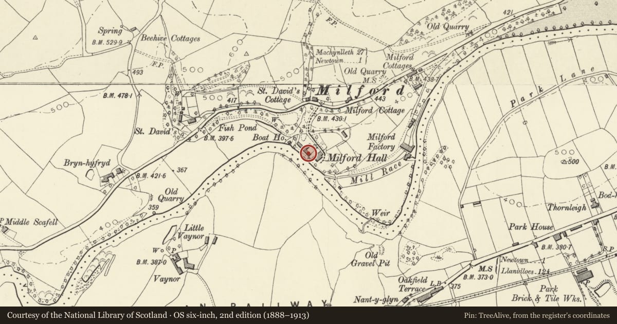 Ordnance Survey six-inch map, 2nd edition (1888–1913) covering the location of Coach House at Milford Hall, Newtown and Llanllwchaiarn, Powys, with a pin at the register's coordinates
