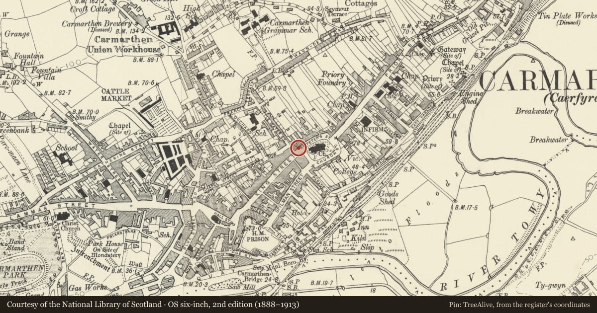 Ordnance Survey six-inch map, 2nd edition (1888–1913) covering the location of 30 King Street, Carmarthen, Carmarthenshire, with a pin at the register's coordinates
