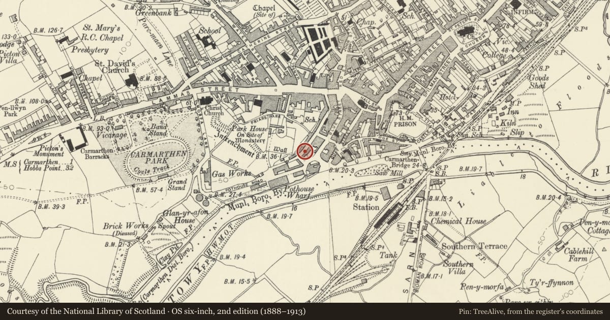 Ordnance Survey six-inch map, 2nd edition (1888–1913) covering the location of 4 Spring Gardens, Carmarthen, Carmarthenshire, with a pin at the register's coordinates