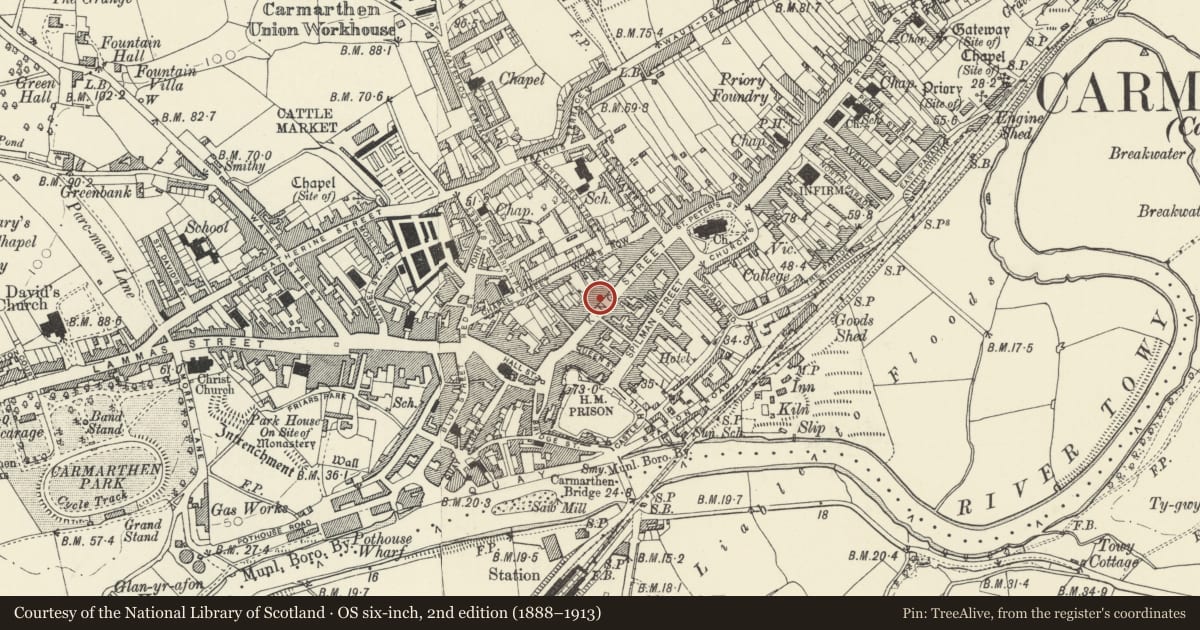 Ordnance Survey six-inch map, 2nd edition (1888–1913) covering the location of 49 King Street, Carmarthen, Carmarthenshire, with a pin at the register's coordinates