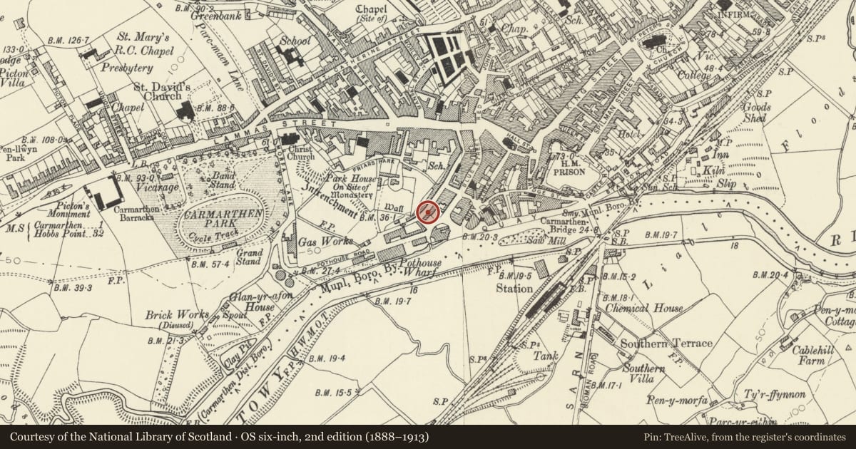 Ordnance Survey six-inch map, 2nd edition (1888–1913) covering the location of 5 Spring Gardens, Carmarthen, Carmarthenshire, with a pin at the register's coordinates