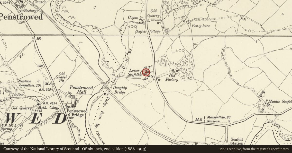 Ordnance Survey six-inch map, 2nd edition (1888–1913) covering the location of Barn at Ysgafell, Newtown and Llanllwchaiarn, Powys, with a pin at the register's coordinates