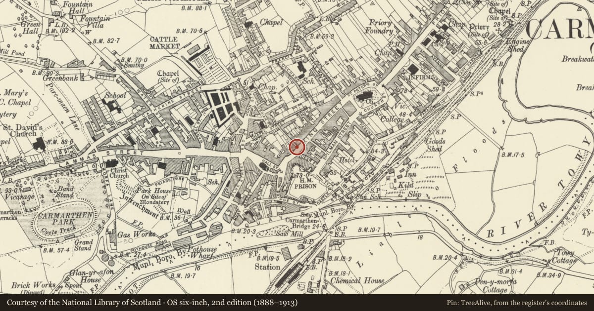 Ordnance Survey six-inch map, 2nd edition (1888–1913) covering the location of 57 King Street, Carmarthen, Carmarthenshire, with a pin at the register's coordinates