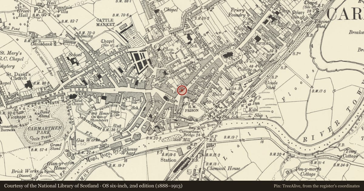 Ordnance Survey six-inch map, 2nd edition (1888–1913) covering the location of 61 King Street, Carmarthen, Carmarthenshire, with a pin at the register's coordinates