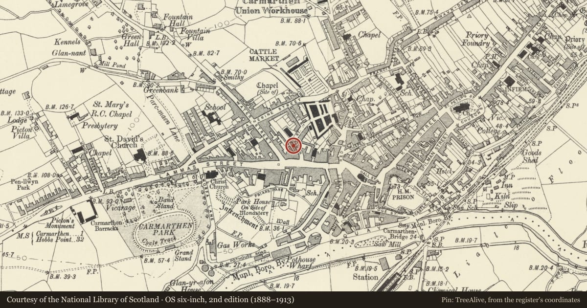 Ordnance Survey six-inch map, 2nd edition (1888–1913) covering the location of 7 Mansel Street, Carmarthen, Carmarthenshire, with a pin at the register's coordinates