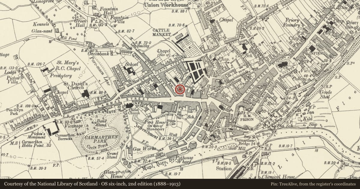 Ordnance Survey six-inch map, 2nd edition (1888–1913) covering the location of 8 Mansel Street, Carmarthen, Carmarthenshire, with a pin at the register's coordinates