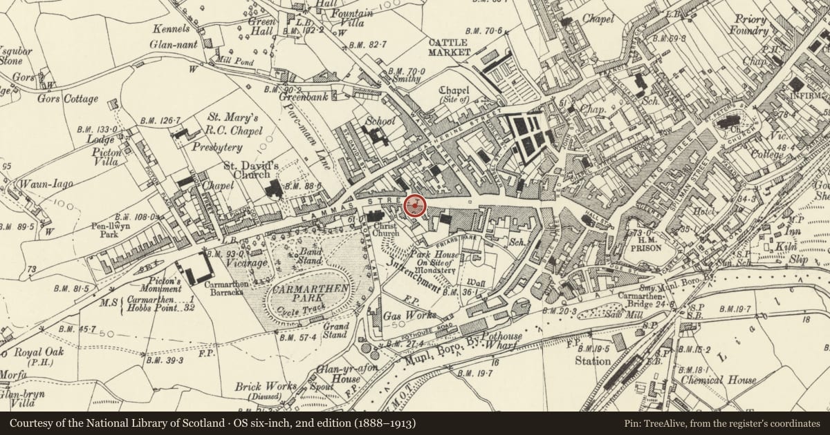 Ordnance Survey six-inch map, 2nd edition (1888–1913) covering the location of 97 Lammas Street, Carmarthen, Carmarthenshire, with a pin at the register's coordinates