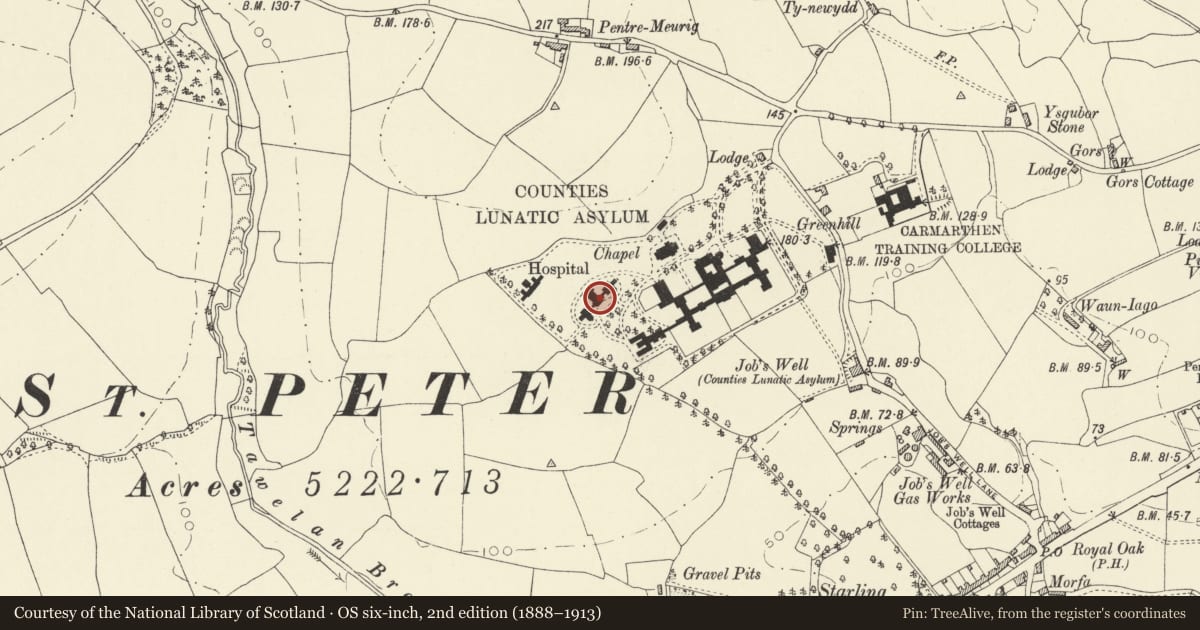 Ordnance Survey six-inch map, 2nd edition (1888–1913) covering the location of Block W of former laundry, St David's Hospital, Carmarthen, Carmarthenshire, with a pin at the register's coordinates