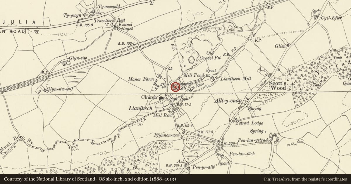 Ordnance Survey six-inch map, 2nd edition (1888–1913) covering the location of Boksburg Hall, Carmarthen, Carmarthenshire, with a pin at the register's coordinates