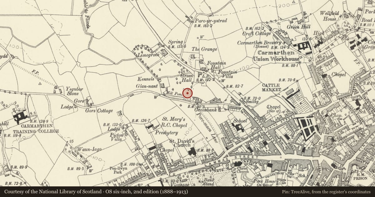 Ordnance Survey six-inch map, 2nd edition (1888–1913) covering the location of Brook House, Carmarthen, Carmarthenshire, with a pin at the register's coordinates