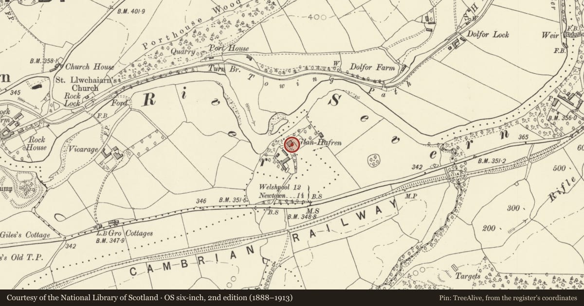 Ordnance Survey six-inch map, 2nd edition (1888–1913) covering the location of Glan Hafren House, Newtown and Llanllwchaiarn, Powys, with a pin at the register's coordinates